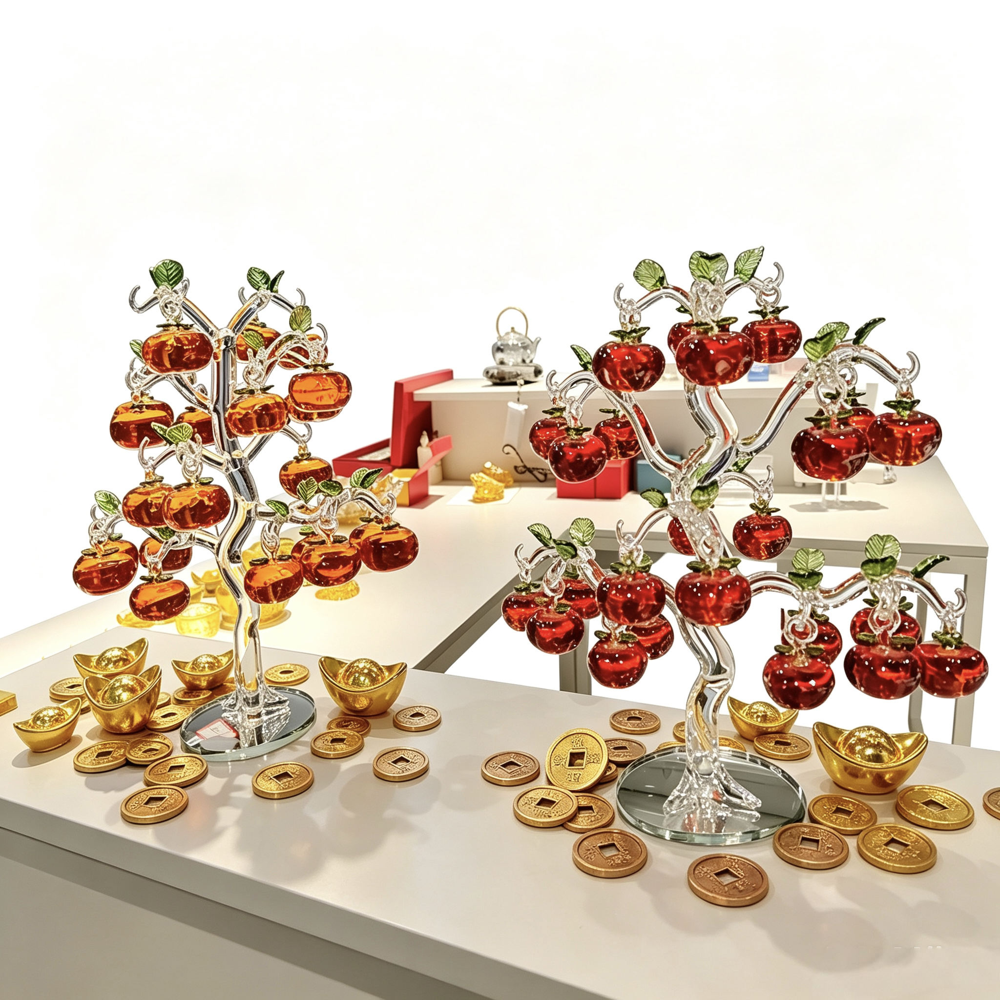 Crystal Apple Tree Centerpiece - Elegant Glass Feng Shui Tree for Wealth and Good Luck, Home Office Table Decoration