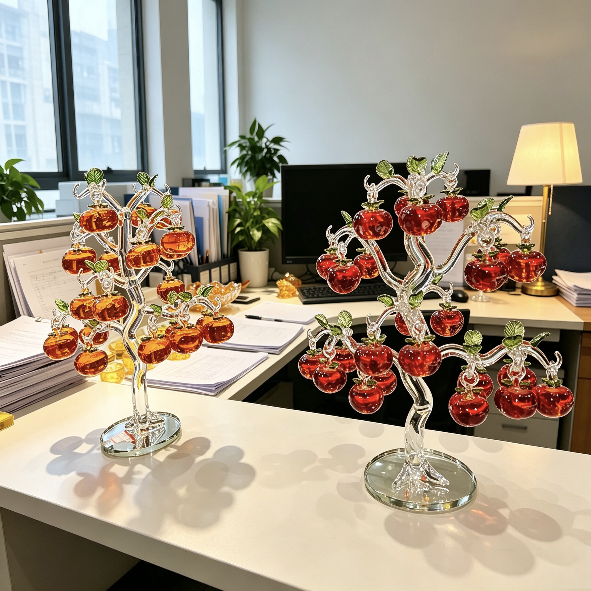 Crystal Apple Tree Centerpiece - Elegant Glass Feng Shui Tree for Wealth and Good Luck, Home Office Table Decoration
