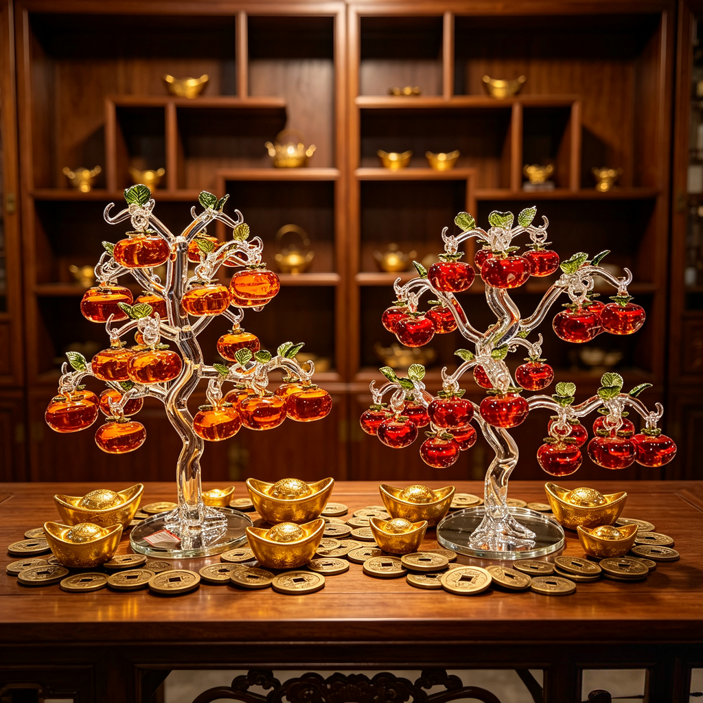 Crystal Apple Tree Centerpiece - Elegant Glass Feng Shui Tree for Wealth and Good Luck, Home Office Table Decoration