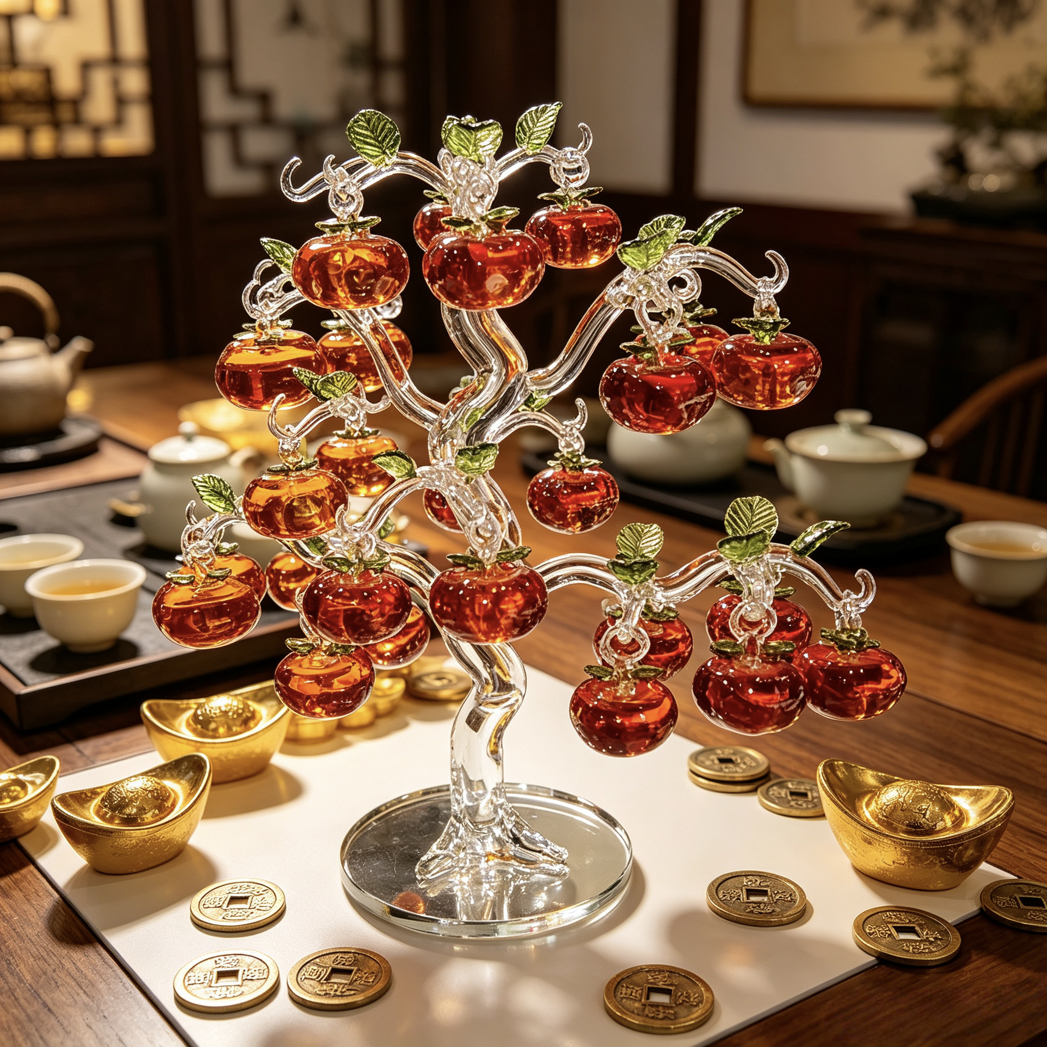 Crystal Apple Tree Centerpiece - Elegant Glass Feng Shui Tree for Wealth and Good Luck, Home Office Table Decoration