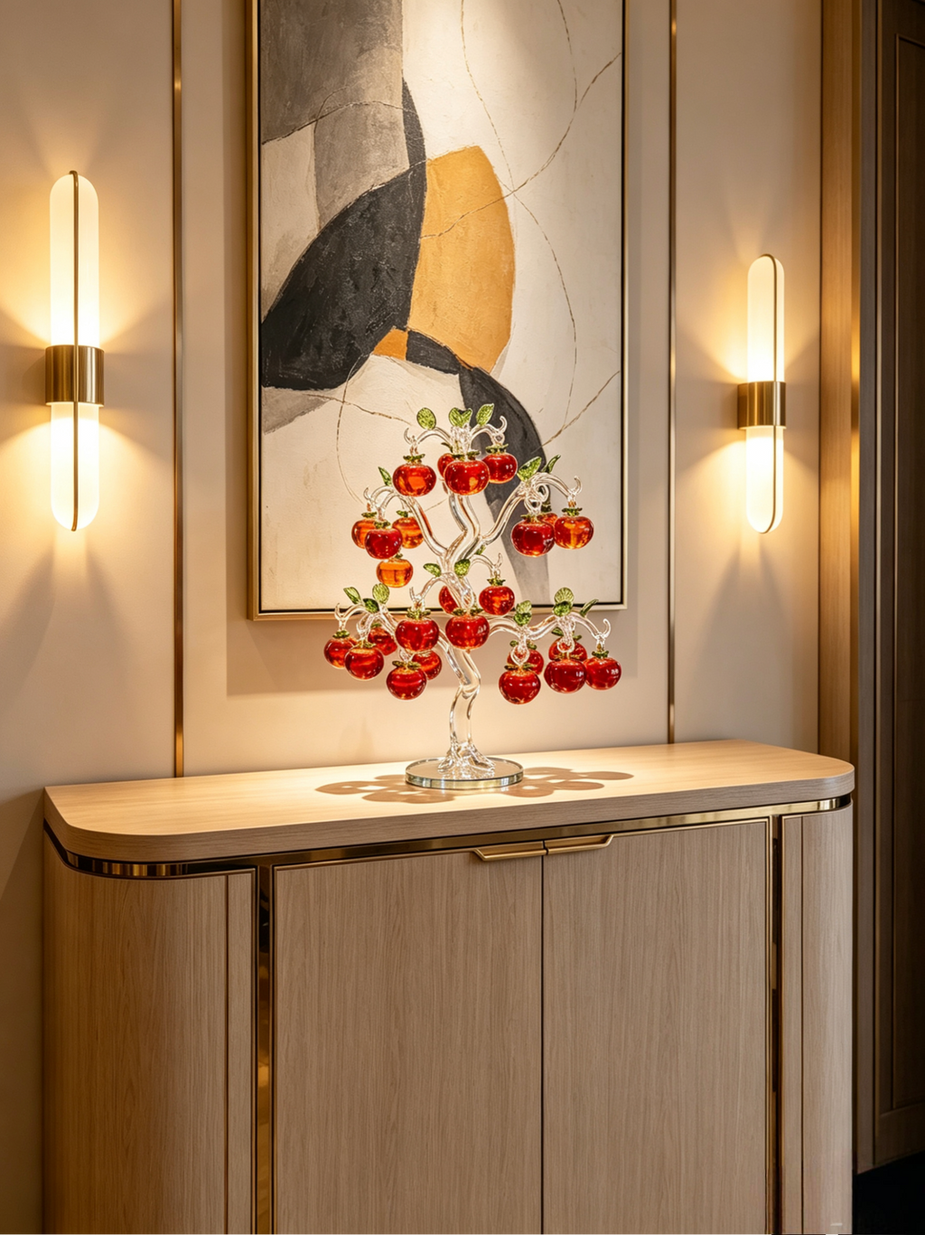 Crystal Apple Tree Centerpiece - Elegant Glass Feng Shui Tree for Wealth and Good Luck, Home Office Table Decoration