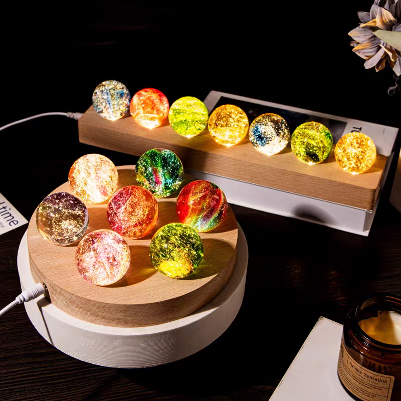 7 Chakra Crystal Healing Spheres Set with LED Wooden Stand